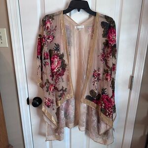 Woven Heart Sheer Kimono with Floral and Gold Accents